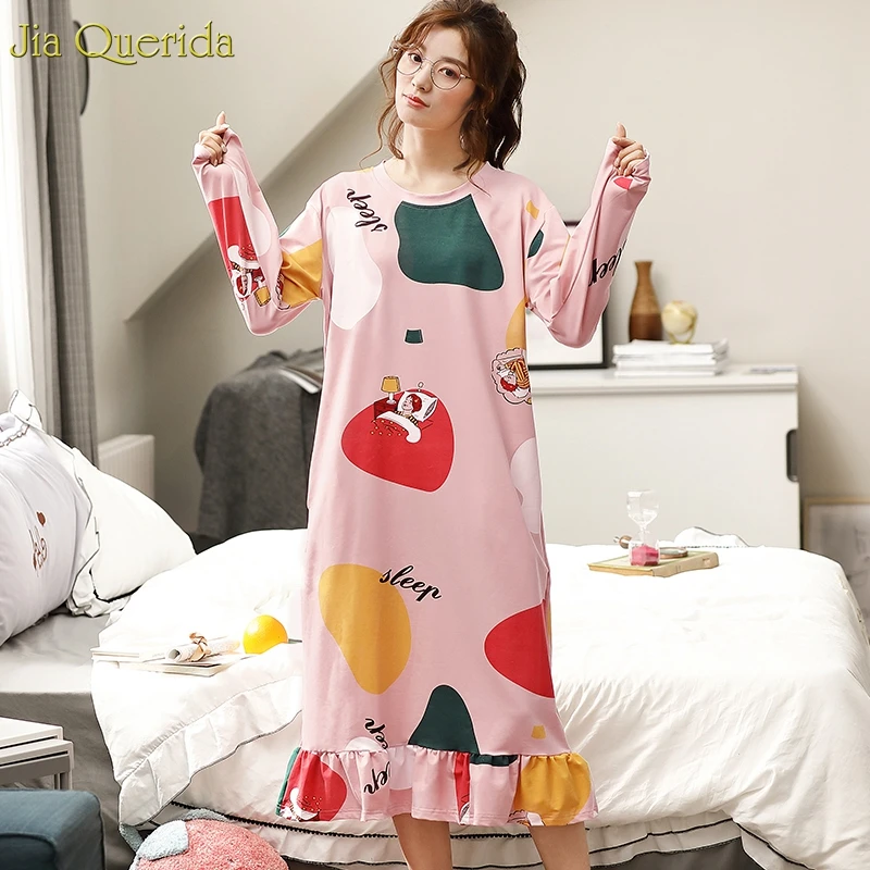 Ночная рубашка женская хлопковая с длинным рукавом и принтом свободный размер |