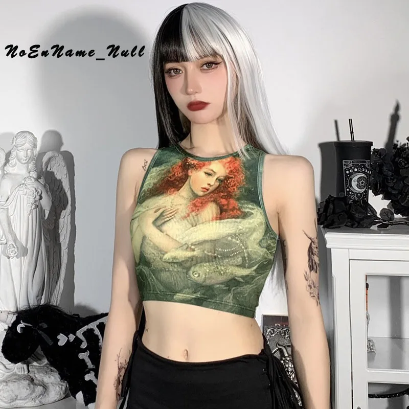 

Hollow Out Gothic Oil painting girl pattern printed vest women's sleeveless round neck Slim Fit Sexy navel exposed women's top