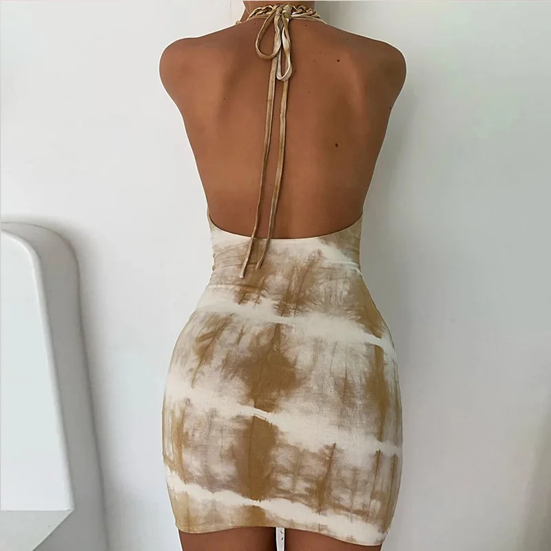 

Backless Halter Neck Summer Sleeveless Beach Y2K Mini Party Dresses 2021 Tie Dye Print Bodycon Halter Lace Up Dress Women