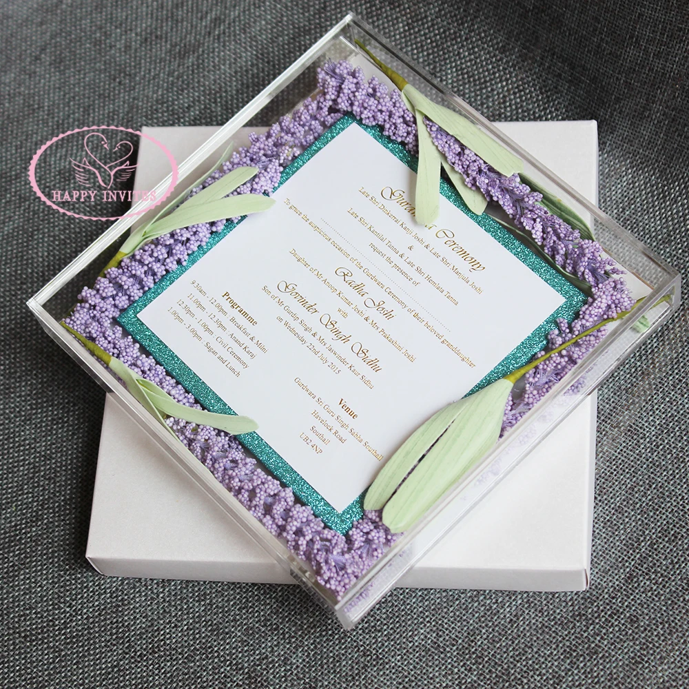 Free Shipping HI4083 Acrylic Box Wedding Invitation with Lavender Flowers Gold Foil Print For Theme | Дом и сад