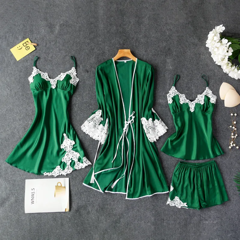 Сексуальные женские пижамы из четырех частей топ на бретелях штаны комплекты