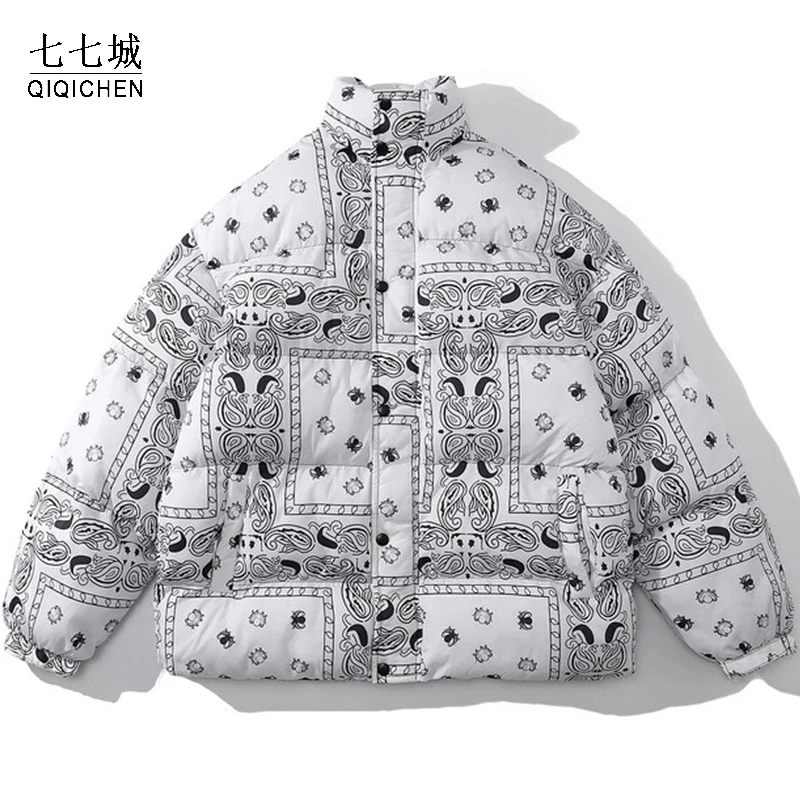 

Мужская винтажная парка оверсайз с принтом пейсли, толстая стеганая куртка, зимняя уличная одежда, Модное теплое пальто унисекс, свободная ...