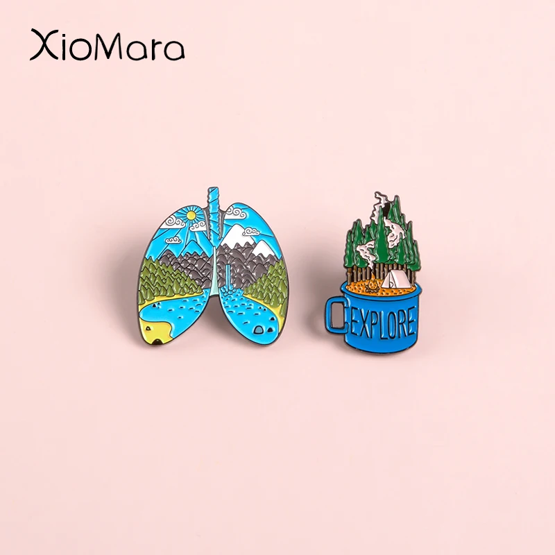 Adventure Pin Mountain Forest Lakes Earth Lung Cup Explore Nature Enamel Button Badge Travel Brooch Women Men Outdoorsy Gift | Украшения и