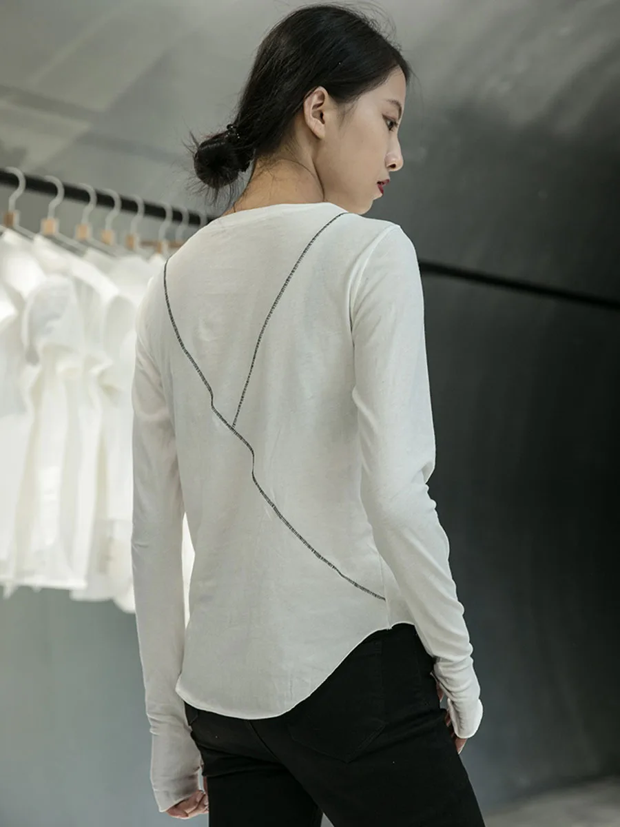 Модные тонкие хлопковые футболки женские черные с длинным рукавом и круглым