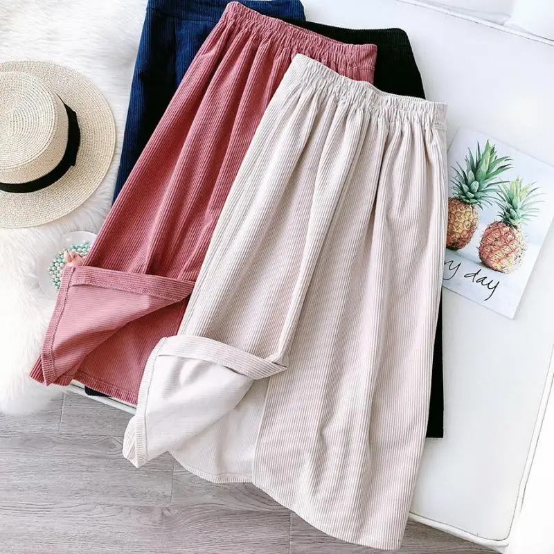 

2020 Autumn& Winter New High-waist Stretch Thinner Simple Pure Color Corduroy Retro Casual Women A-line Long Skirt Free Shipping