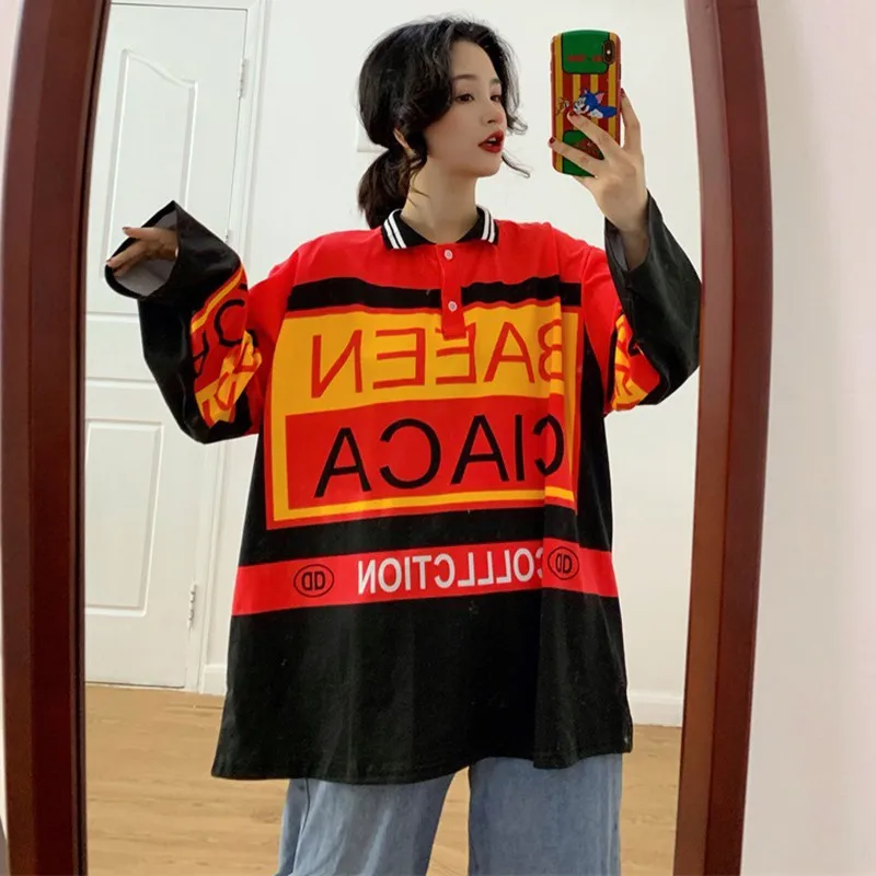 Осенняя Женская голографическая футболка Корейская Повседневная рубашка-поло с