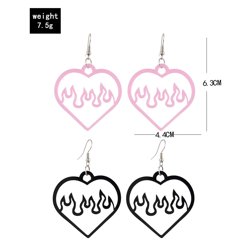 

2 Pair Fashion Dangle Drop Earrings Acrylic Black Pink Heart Fire Pendant Statement Earrings For Female Women Jewelry 2020