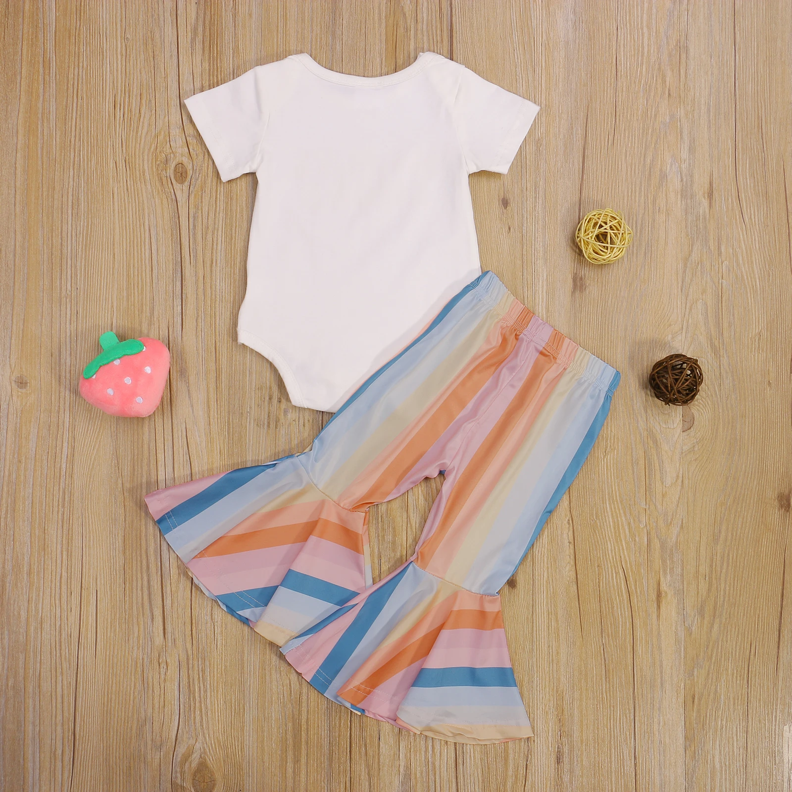 

2021 Two Piece Baby Girl’s Clothes Fashion Letter Short Sleeve Romper and Stripe Trumpet Trousers