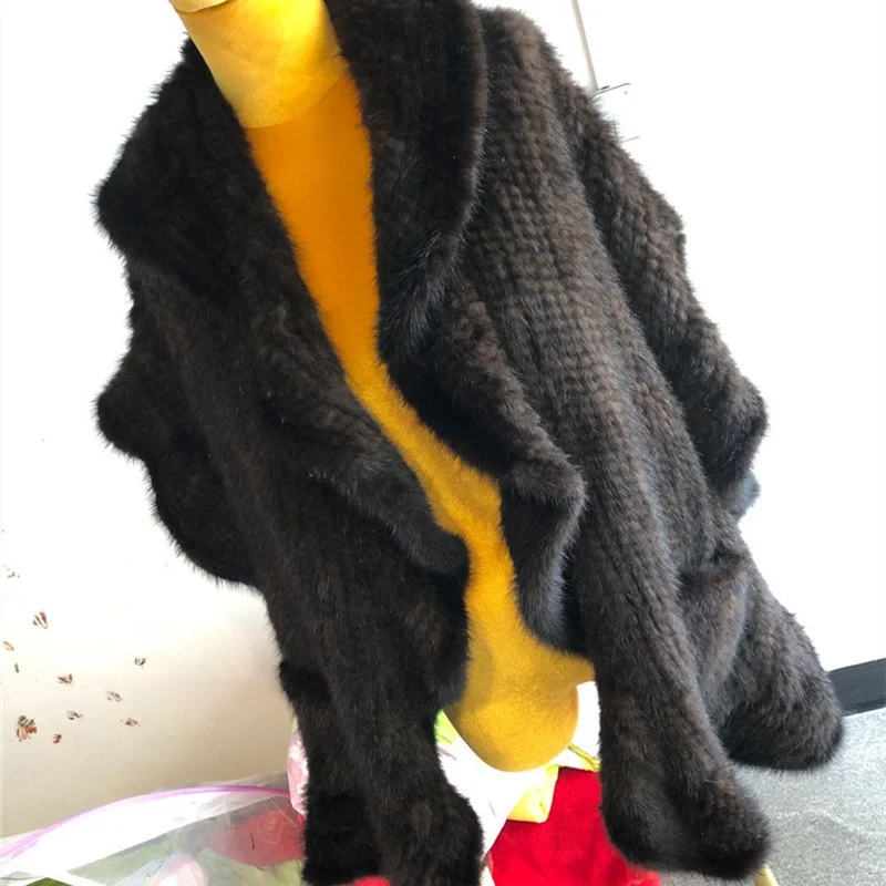 Зимнее вязаное пальто из натурального меха норки импортное меховое пончо с