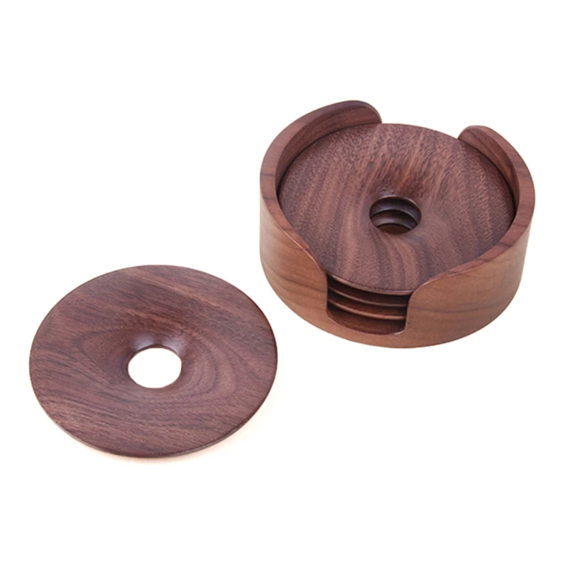 

Classic 4Pcs Natural Wooden Round Coaster with Holder Storage Rack Heat-Resistant Placemats Drinks Mat Waterproof Non-Slip