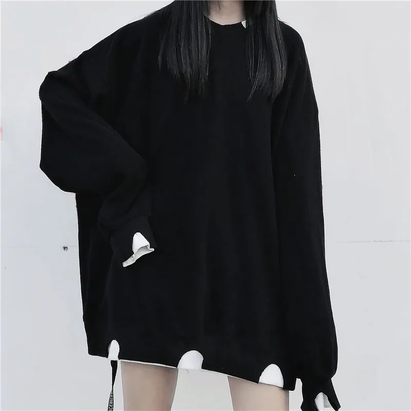 

Zoulv Black Grey Sweatshirt Women's Streetwear Casual Spring Hoodies Oversized Irregular Hole Fake Two Piece Hoodie Fashion Top