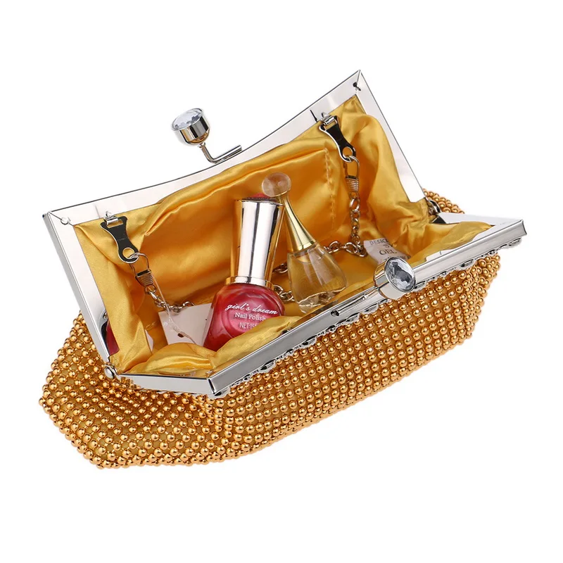 

Beaded Soft Women Evening Bags Golden Color Diamonds Party Wedding Chain Shoulder Handbags Small Clutch Purse
