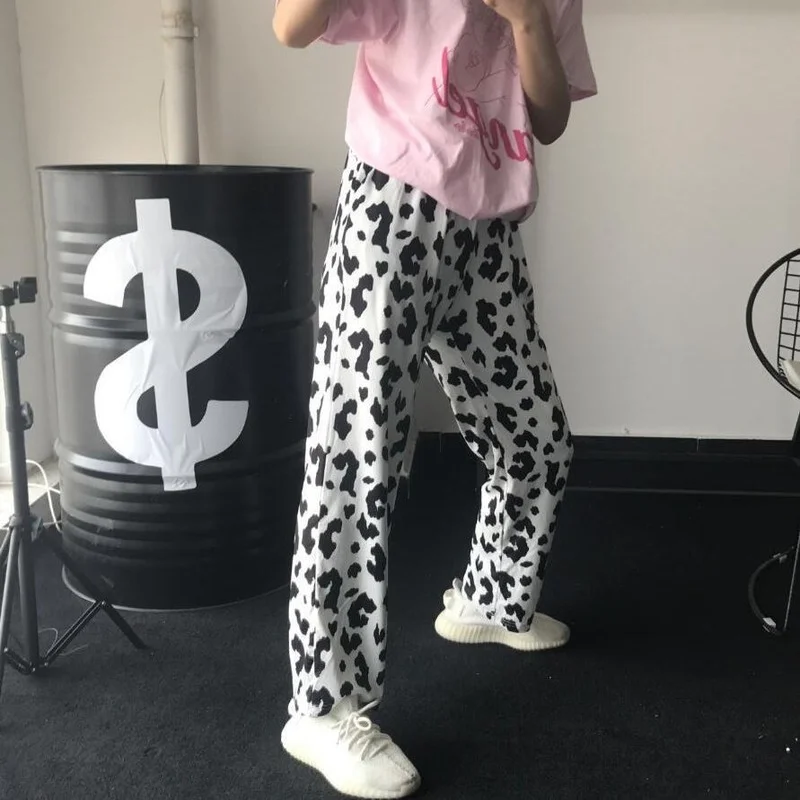 

QWEEK Cow Print Sleep Bottom Spring Summer 2021 Pants Women Cute Trousers for Female Loose Sleepwear Ulzzang Lounge Wear Pijama