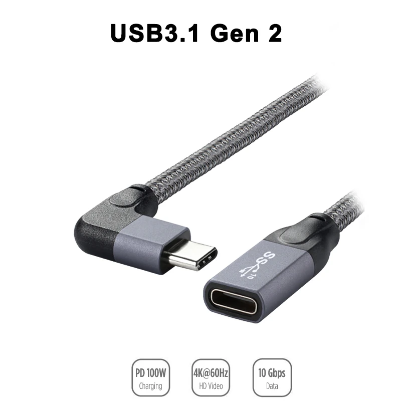 Кабель-удлинитель USB3.1 Gen 2/USB-C 1 м поддержка быстрой зарядки 100 Вт 5A угловой разъем