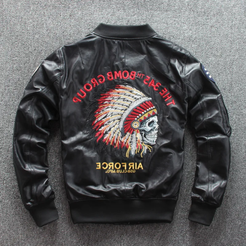 

leather Men's genuine jacket sheepskin Indian embroidery slim flight suit baseball uniform jacket