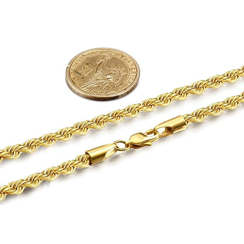 

Rapper Cuban Chain Yellow Gold Color for Women Men 24" 4 MM Stainless Steel Rope Chain Necklace Hip Hop Jewelry