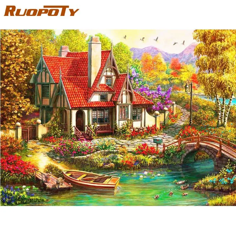 

RUOPOTY Bridge River And House Landscape Painting By Numbers Kits For Adults On Canvas Living Room Bedroom Decoration Pictures