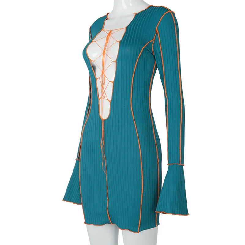 

Lace Up Deep V Neck Ribbed Long Sleeve Bodycon Dresses Women Patchwork Hot Club Partywear Sexy Fashion Mini Dress Fall