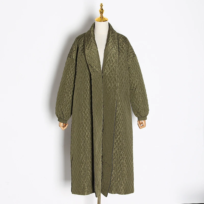 

CHICEVER Korean Plaid Cotton Coat For Women Lapel Collar Lantern Sleeve Oversize Loose Casual Long Female Parkas 2020 Winter New