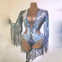 sparkling silver rhinestone sequin tassel party bodysuit women stretch dance fringes jumpsuit singer leotard stage wear xs1277