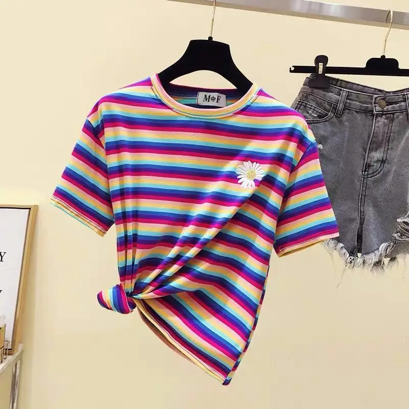 

2020 New Summer Women Daisy Printed Cotton Loose Short-sleeved shirt Tops Striped Slim Knitting Soft shirt S25