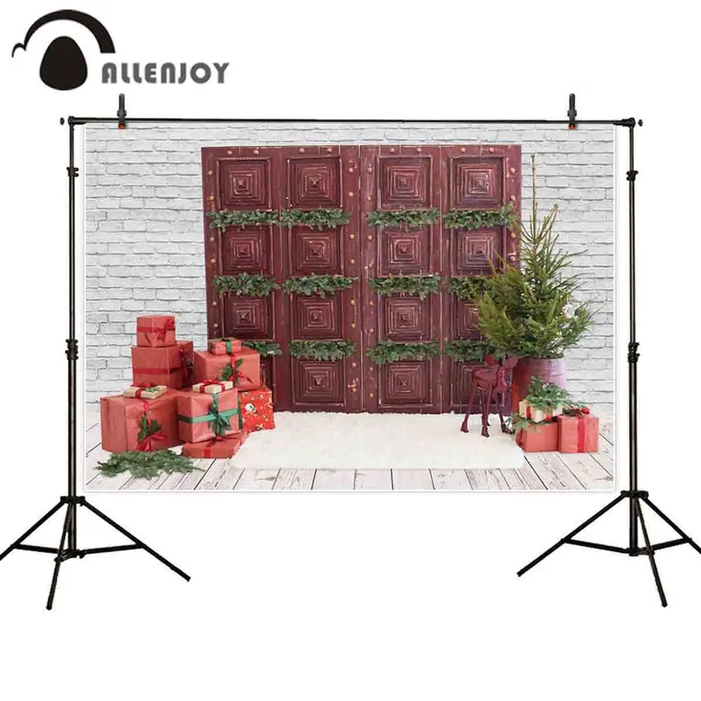 

Allenjoy photophone backdrops Christmas tree brick wall vintage wood door gifts decor children photography backgrounds photocall