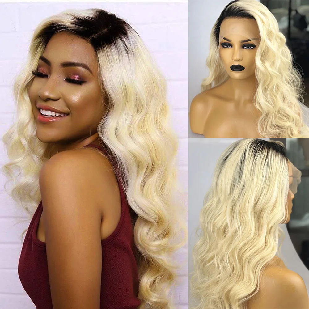 

AIMEYA Black Roots Ombre Blonde Wig for Women Heat Resistant Synthetic Glueless Body Wave Lace Front Wigs Natural Hairline Wig