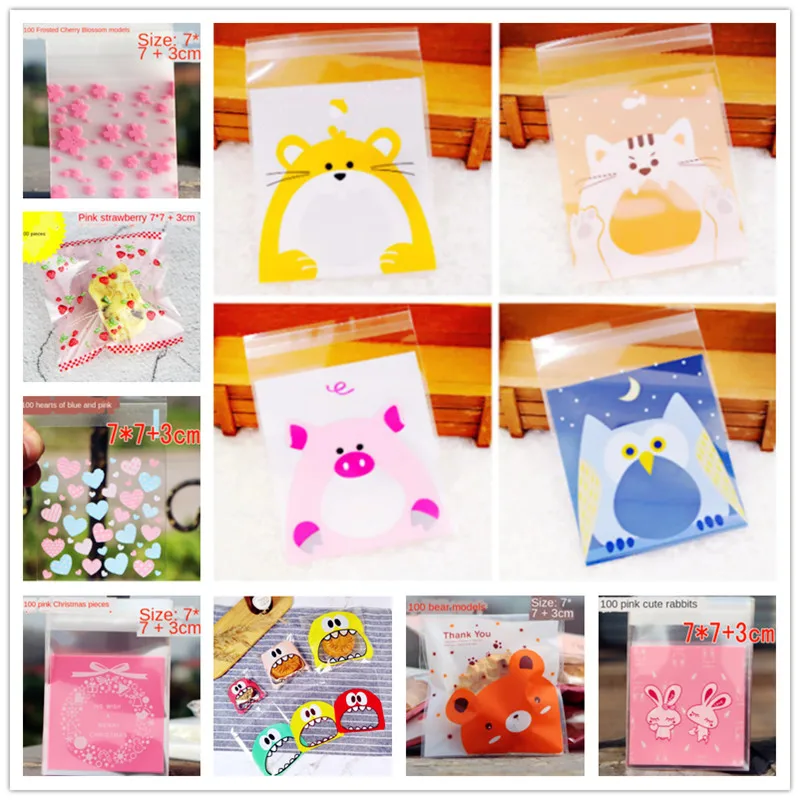 

100 PCS Cute Animals Candy Cake Biscuits Cookies Packaging Bags Self-adhesive Plastic Gifts Bags Party Birthday Snack Baking