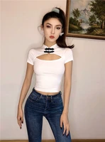summer new street solid color tight skinny short t shirt women sexy chest opening national style was thin short sleeved t shirt