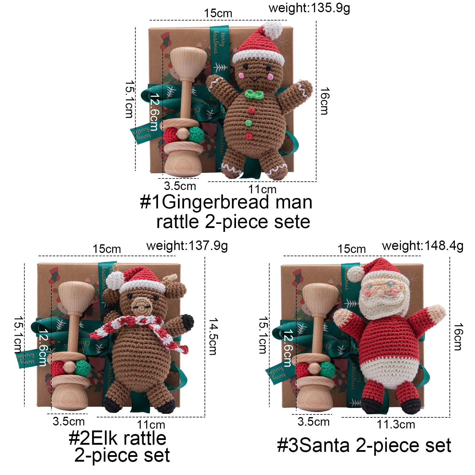 Juego de regalo de Navidad para ni&ntilde;os, mu&ntilde;eco de ganchillo, dulce, de jengibre, sonajero de mano de madera, producto para el cuidado de la dentici&oacute;n infantil, 1 Juego-5