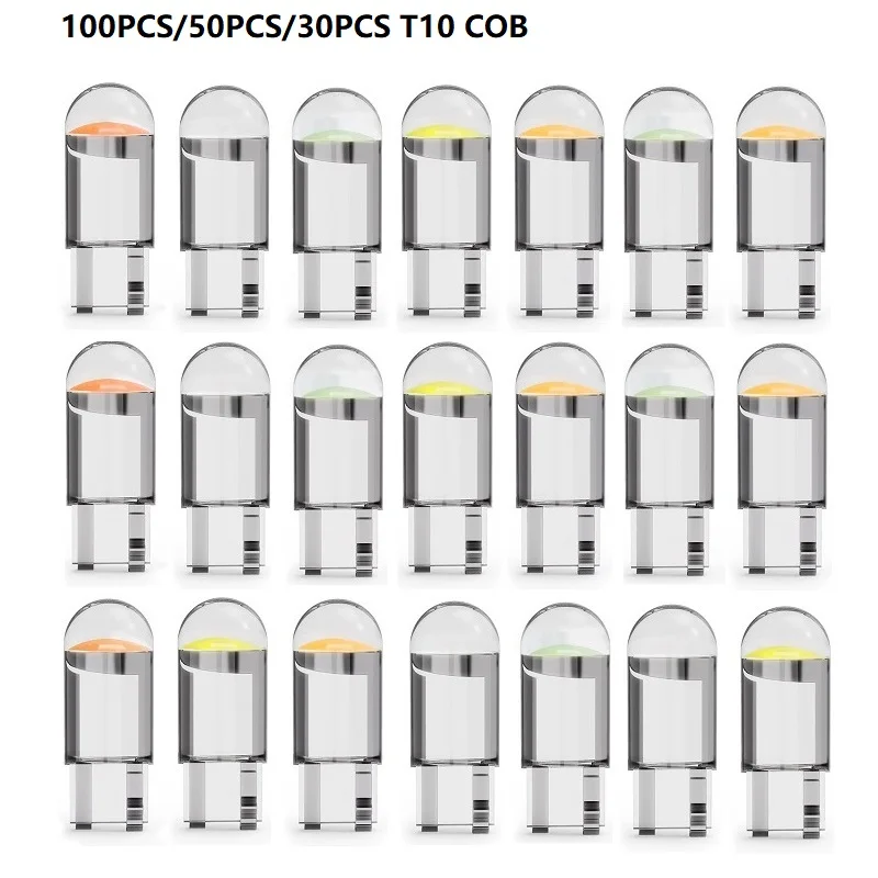 100/50/30X автомобиля T10 светодиодный лампы 194 168 W5W Светодиодный светильник Холодный белый авто COB кремнезема красные, синие зеленый желтый номерной знак лампы 12V