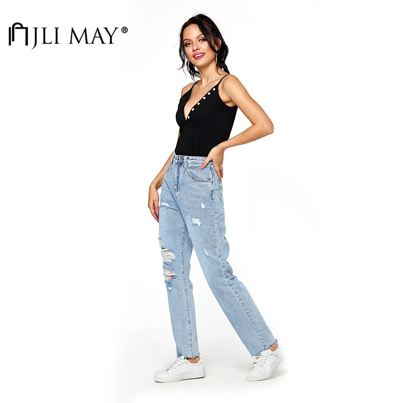 

JLI MAY Women's Jeans Vintage Washed Solid Ripped Hole Patchwork Pockets High Waist Casual Straight Full Length Jean