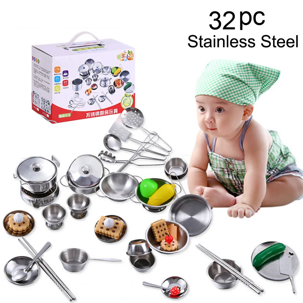 

32Pcs Set Kids Play House Kitchen Toys Cookware Cooking Utensils Pots Pans Gift