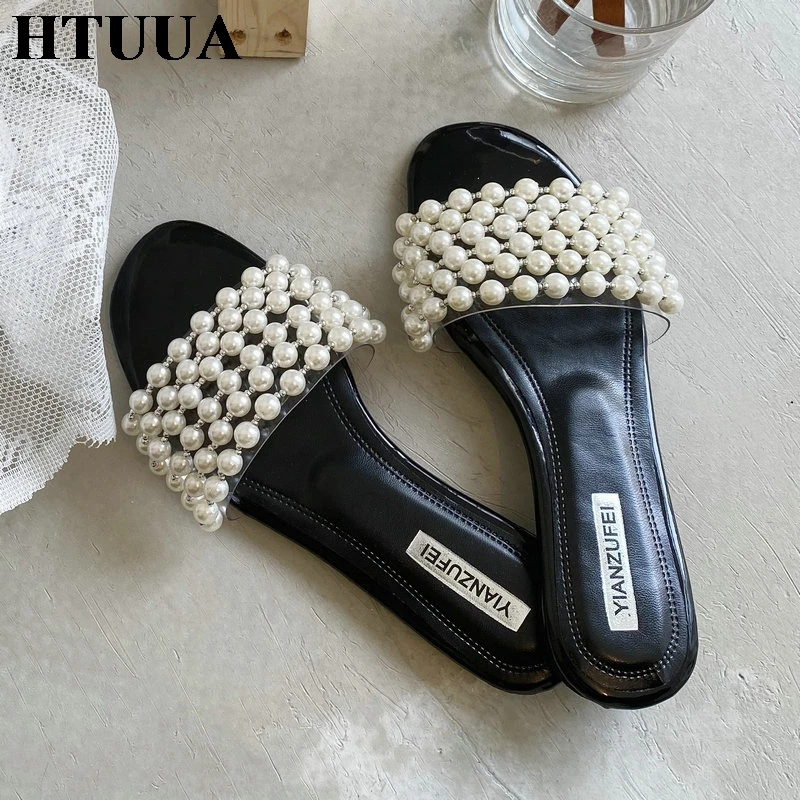 HTUUA/Новинка 2020 года Тапочки на плоской подошве из Жемчужной нить бусина Женские
