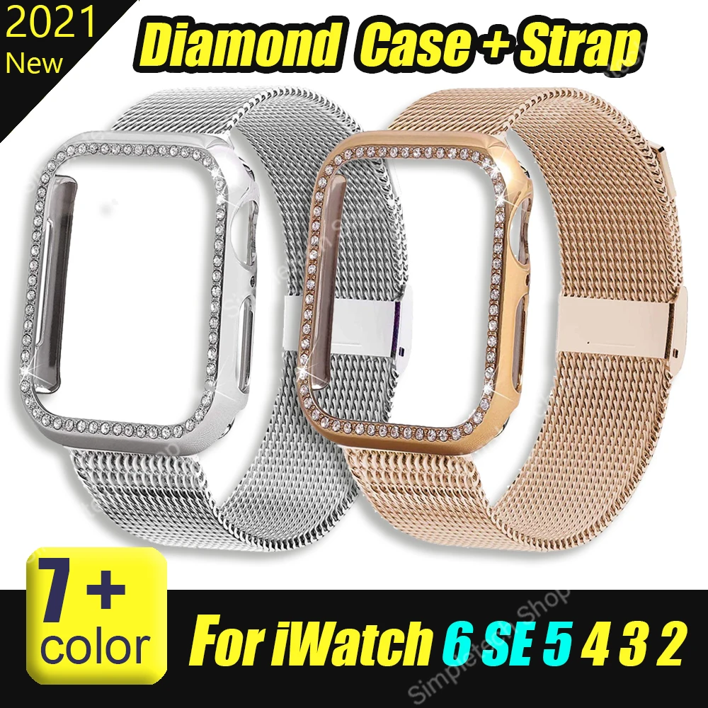 Чехол со стразами + ремешок Миланская петля для Apple Watch Series 6 SE 5 4 3 браслет из
