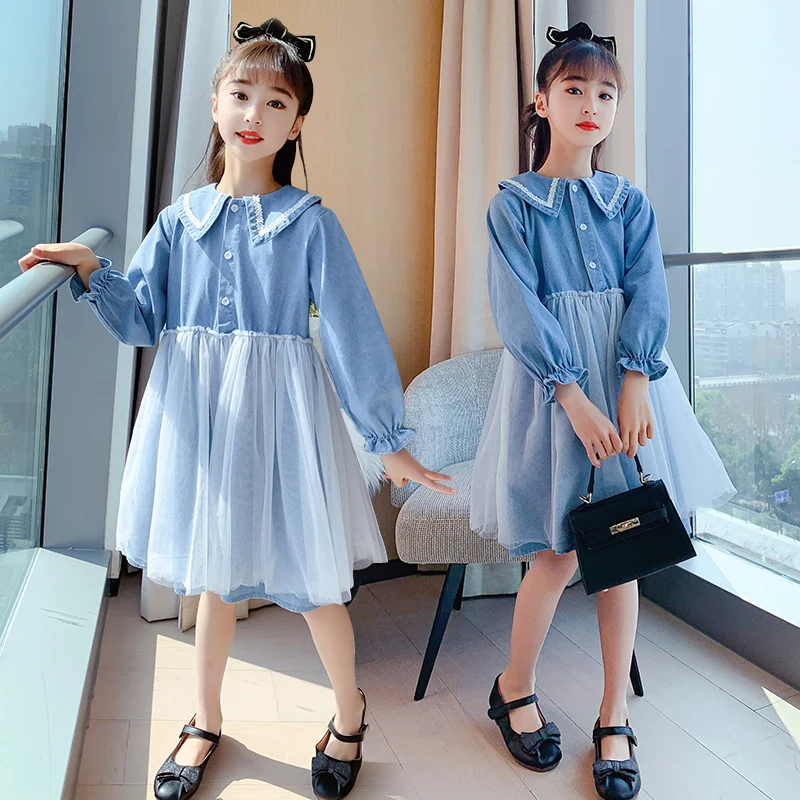 

Peter Pan collar gauze Girl Dress Children's denim Dress Autumn Princess Dress children clothing 3 4 6 7 8 9 10 12 14 Years