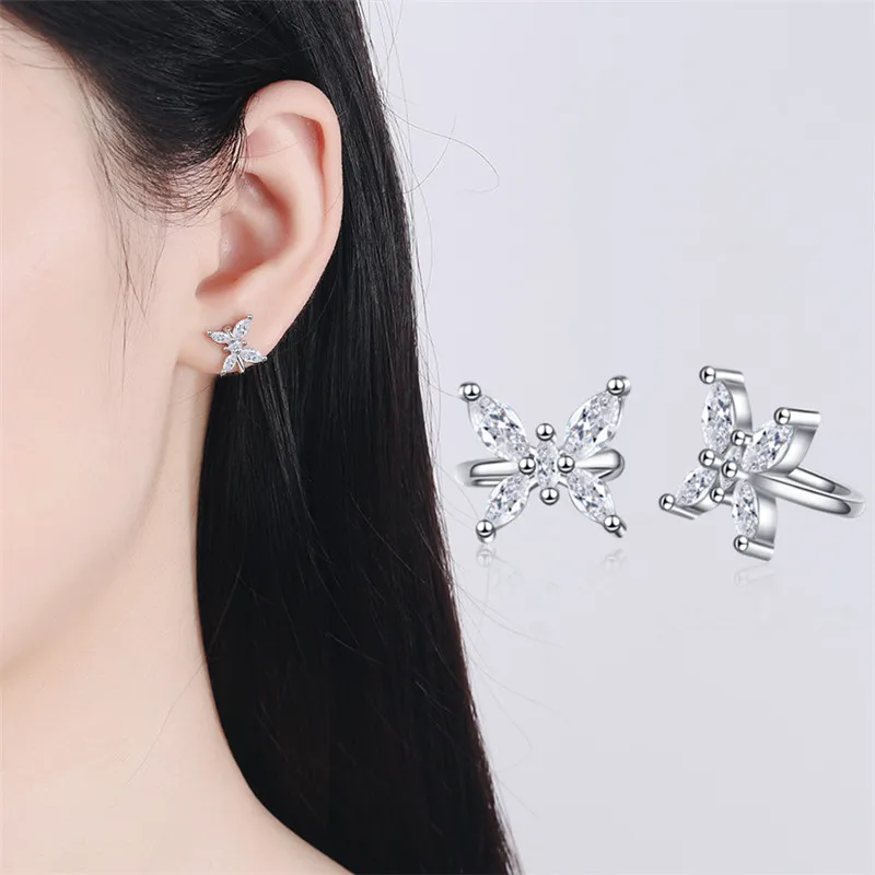 

Trend Silver Earrings 925 Women Jewelry Vintage Crystal Flower Clips Earring Female None Hole Ear Accessories For Teens Earrings