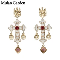 mg gold vintage gothic earrings women red glass long statement cross dangle earring vintage jewelry stainless steel accessories