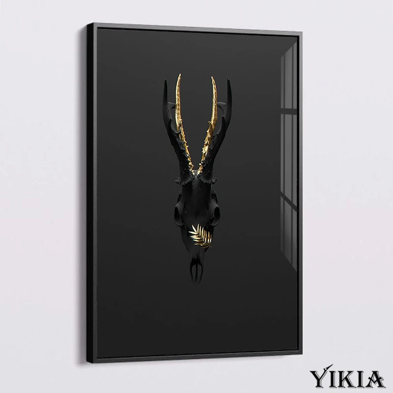 

Black and Gold Skull Elk Hand Sculpture Poster Canvas Prints Figure Luxury Abstract Art 3d Wall Decoration Painting Wall Decor