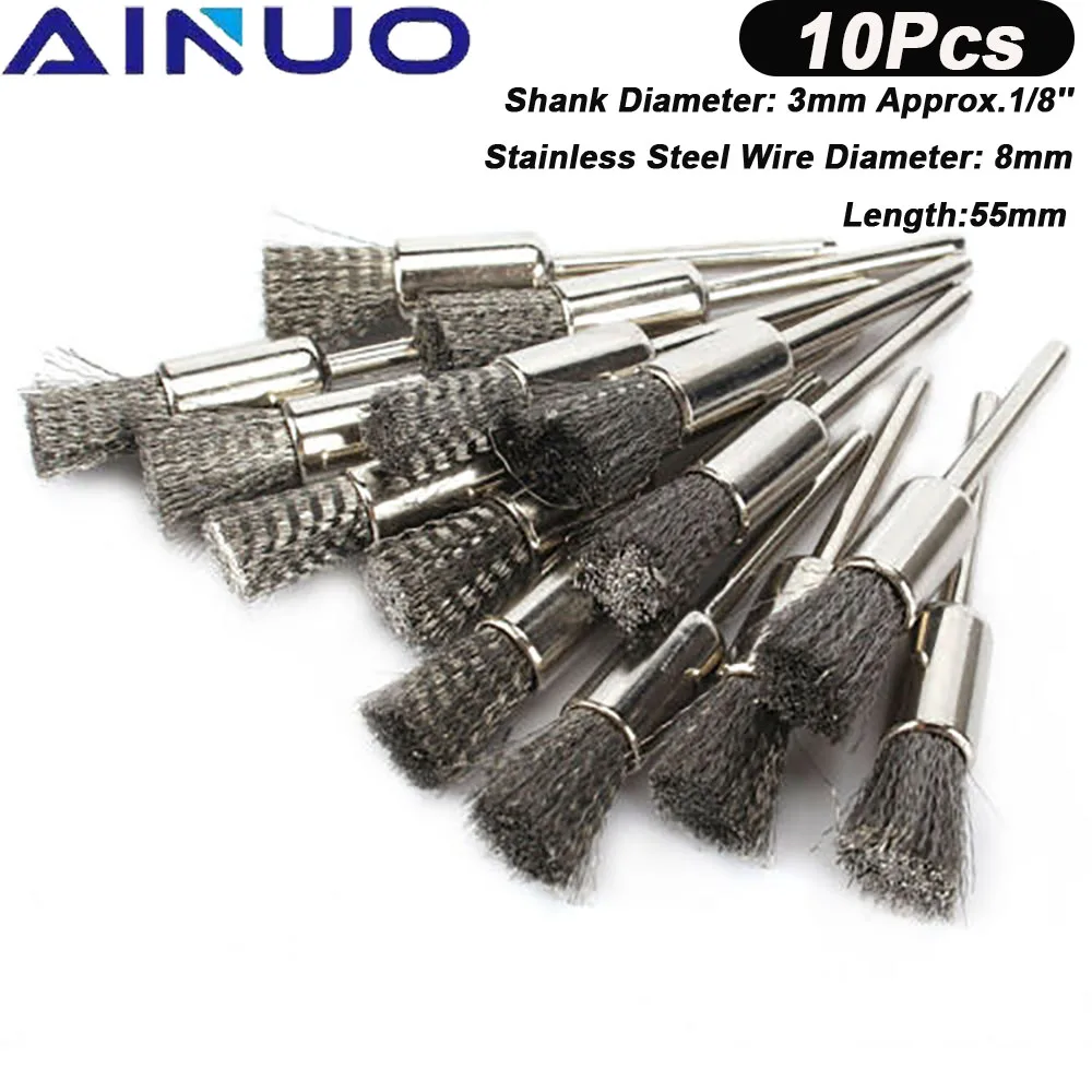 

10Pcs Stainless Steel Wire Steel Pencil Brushes Wheel Mandrel Set Dremel Accessory for Rotary Tools Pencil Brushes 3mm Shank