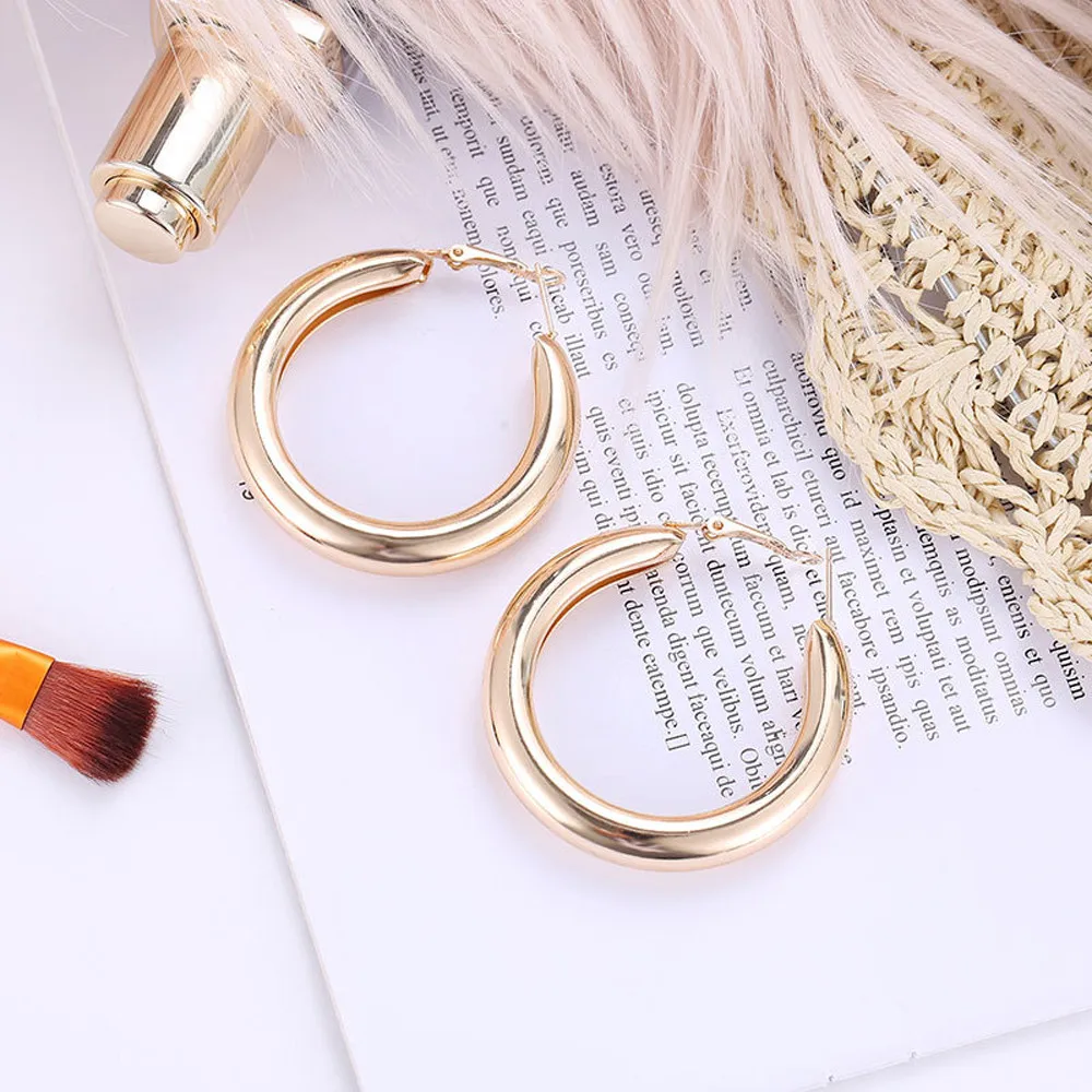 Punk Rock Earrings For Girls Minimalist 50mm Women Earring Thick Tube Big Gold Alloy Bijoux Round Circle Hoop Oorbellen | Украшения и