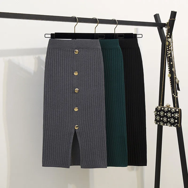 Женская трикотажная юбка на пуговицах Осень зима 2019 юбки с разрезом бедрах и