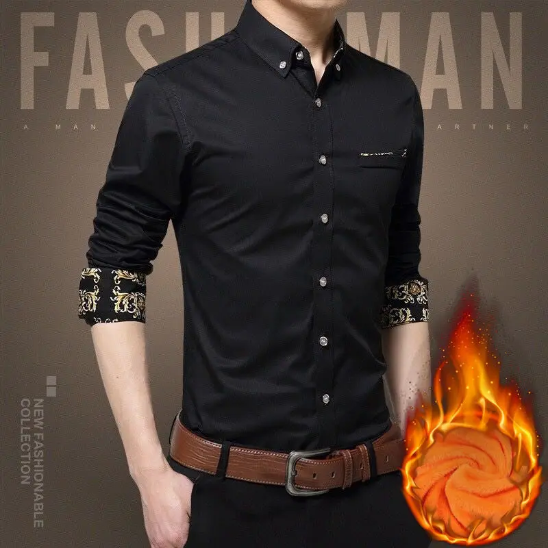 

Рубашка мужская приталенная с флисовой подкладкой, повседневная сорочка с длинным рукавом, в Корейском стиле, деловая британская одежда дл...