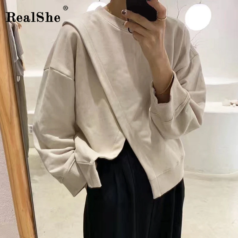 RealShe толстовки женские свитшоты с круглым вырезом и длинным рукавом однотонные