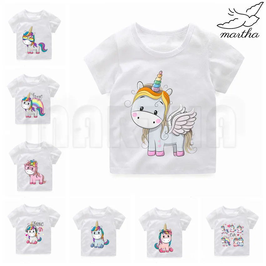 Милая детская белая футболка с изображением единорога одежда короткими рукавами