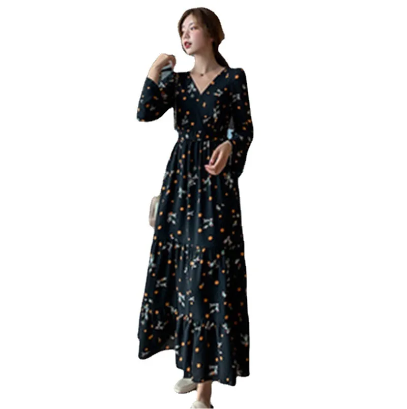 

Long Sleeve Dress 2021 Spring and Summer New Floral Chiffon V-neck Bottomed Skirt