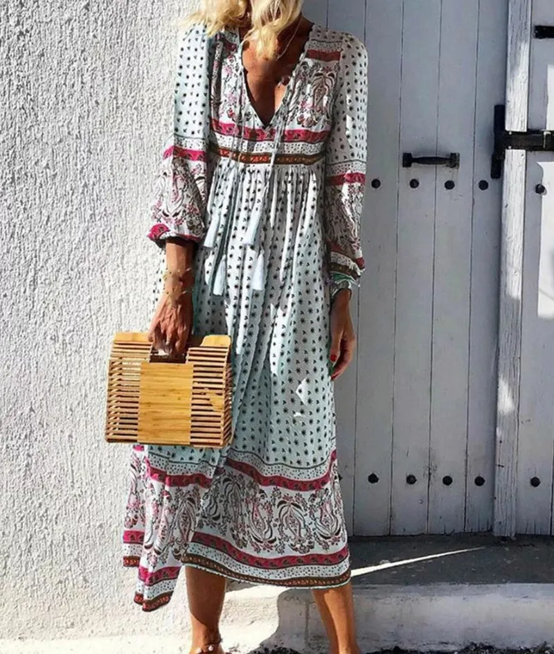 Летнее сексуальное платье средней длины с v-образным вырезом и длинным рукавом