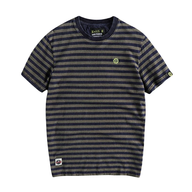 

2022 Men Summer Fashion Japan Harajuku Simple Style Stripe O-Neck Short Sleeve Vintage Cotton Streetwear Casual Pullover T-Shirt