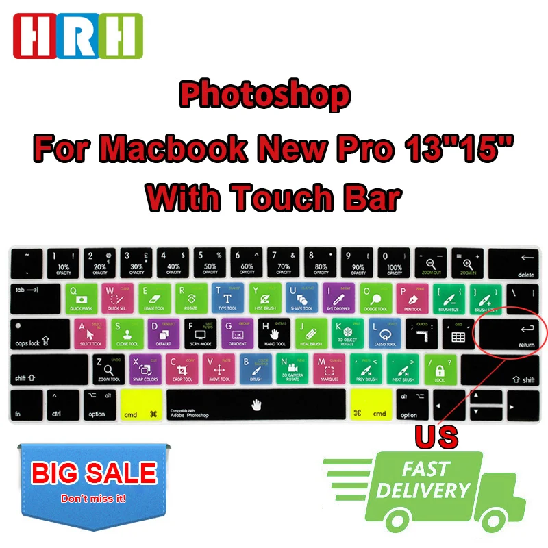 HRH фотошоп PS ярлыки горячие клавиши силиконовые клавиатуры Чехлы для Macbook Pro 1" A1706 A1989 15" A1707 A2159 с сенсорной панелью