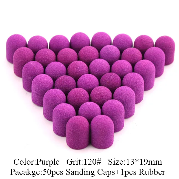 Purple-120Grit 50 шт. розовые синие пластиковые шлифовальные колпачки 13*19 мм инструмент для педикюра Уход за ногами электрическая дрель для ногтей фрезы полировальные аксессуары - Color: Purple-120Grit